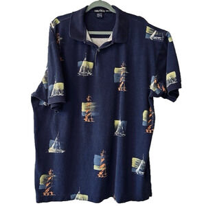 Nautica Vintage Lighthouse & Sailboat Print Polo Mens XXL Navy/Yellow/Orange
